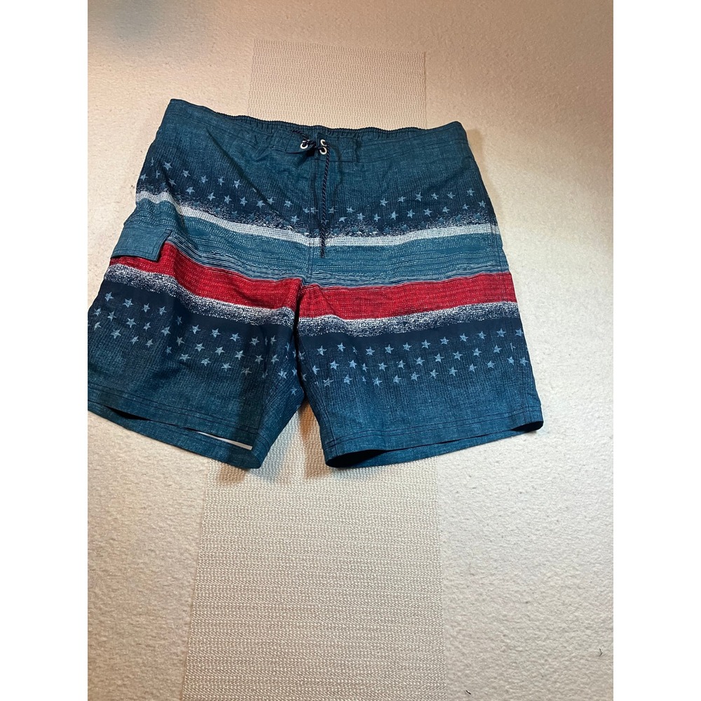 George Patriotic Swim Trunks Mens XL 40-42 Stars and Stripes Board Shorts Blue